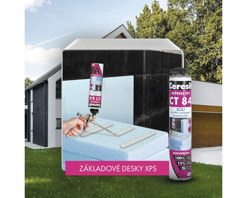Zobrazení lepidla Ceresit Express XPS CT 84 a izolačních desek XPS před domem