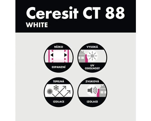 Ceresit CT 88 White: Symboly pro nízkou roztažnost, odolnost vůči UV záření, tepelnou izolaci a zvukovou izolaci