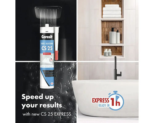 Ceresit CS 25 Express silikon pro sanitární keramiku a obklady v koupelně se sprchou, policí a vanou