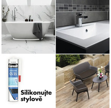 Koláž s koupelnou, umyvadlem, silikonem a zahradním nábytkem