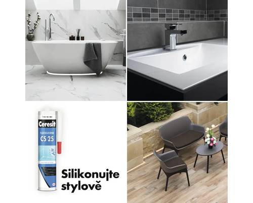 Koláž s koupelnou, umyvadlem, silikonem a zahradním nábytkem