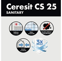 Vlastnosti Ceresit CS 25 Sanitary: vhodné pro balkony a terasy, vlhké prostředí, vysoká ochrana proti plísním, pro vnitřní i venkovní použití, trojitá ochrana