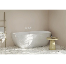 Koupelna s volně stojící vanou, držákem na ručníky a příručním stolkem