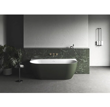 Volně stojící vana v koupelně s rostlinami a držákem na ručníky.