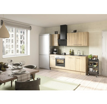 Světlá kuchyně s jídelním stolem, kuchyňskou linkou, lednicí a digestoří.