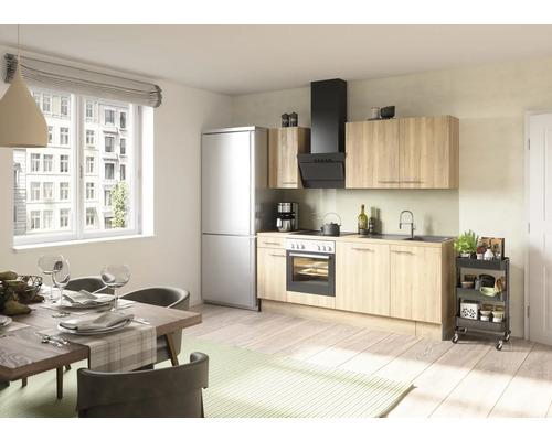 Světlá kuchyně s jídelním stolem, kuchyňskou linkou, lednicí a digestoří.