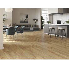 Světlý obývací pokoj s dřevěnou podlahou, jídelním stolem, židlemi, pohovkou a kuchyňským koutem