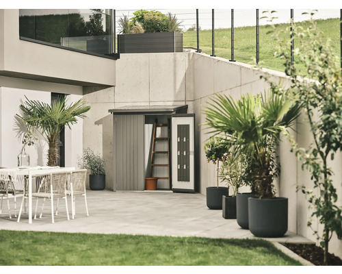 Zahradní scéna s domkem na nářadí, terasovým nábytkem a rostlinami