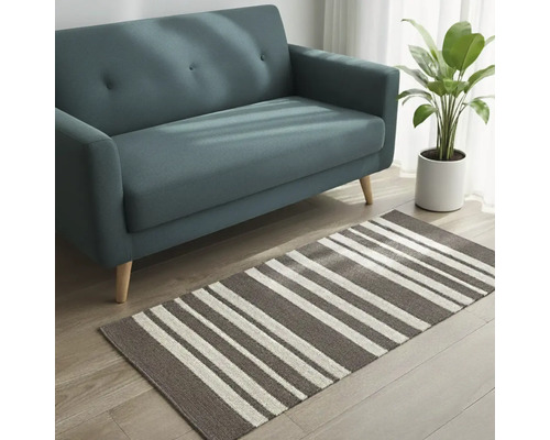 Scéna s pohovkou, pokojovou rostlinou a pruhovaným kobercem