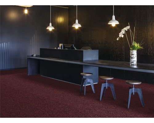 Recepce s tmavým pultem, stojacími lampami a kobercem