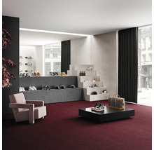 Interiér s kobercem, křeslem, stolem a prezentací obuvi a doplňků