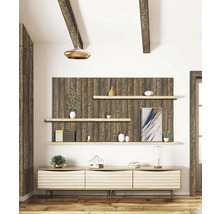 Obývací pokoj s dřevěným obložením a ozdobnými policemi