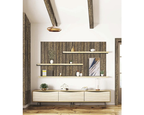 Obývací pokoj s dřevěným obložením a ozdobnými policemi