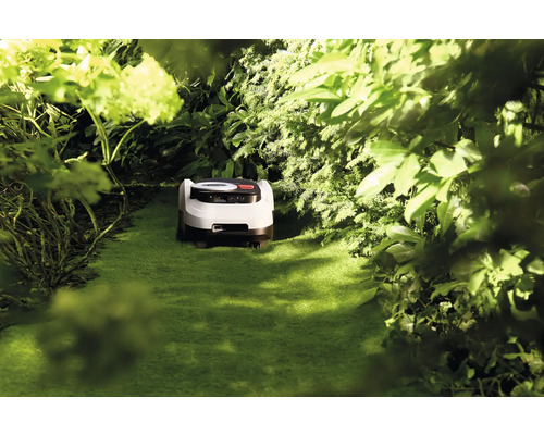 Robotická sekačka na trávu v zelené zahradě
