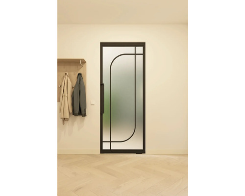 Interiérové dveře se satinovaným sklem a černým rámem