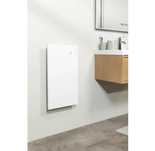 Koupelna s bílým topením na stěně a umyvadlovou skříňkou se zrcadlem