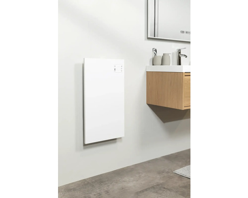 Koupelna s bílým topením na stěně a umyvadlovou skříňkou se zrcadlem