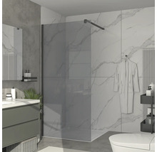 Koupelna se skleněnou sprchovou zástěnou, umyvadlem a toaletou.