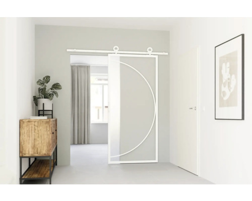 Interiérová scéna s posuvnými dveřmi s půlkruhovým designem