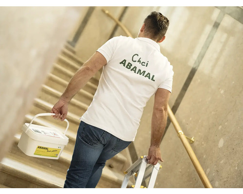 Muž nese kbelík Abamal Proti Pilignim a žebřík po schodech