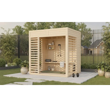 Dřevěný zahradní domek s cvičebním vybavením a policemi