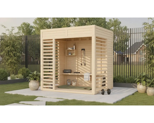 Dřevěný zahradní domek s cvičebním vybavením a policemi