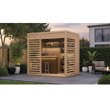 Dřevěný zahradní bar s policemi, barovou stoličkou a venkovním prostorem