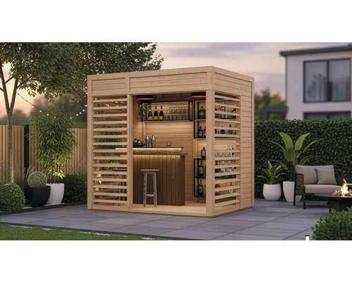 Dřevěný zahradní bar s policemi, barovou stoličkou a venkovním prostorem