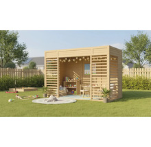 Dřevěný domeček na hraní s nábytkem a hračkami na zahradě