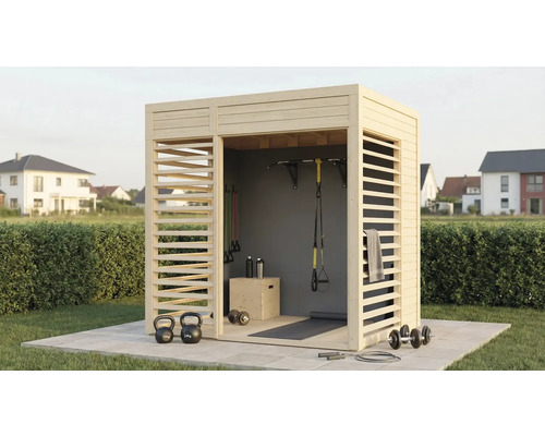 Dřevěná zahradní sauna se sportovním vybavením, jako jsou činky, kettlebelly a hrazda