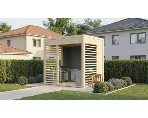 Grilovací chata s grilem, umyvadlem a barovými stoličkami na zahradě