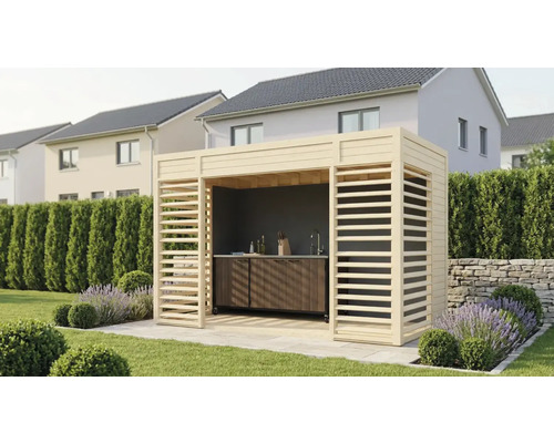 Venkovní kuchyně s dřevěným rámem a pracovní deskou na zahradě