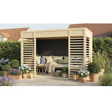 Dřevěný zahradní salonek s lamelovými stěnami, včetně polštářů a dekorace