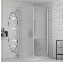 Rohová sprcha se skleněnými prvky a montážními detaily