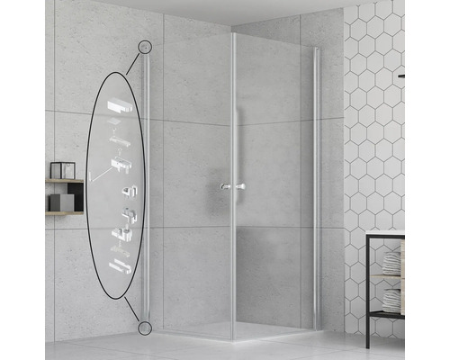 Rohová sprcha se skleněnými prvky a montážními detaily