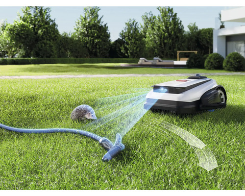 Robotická sekačka s detekcí překážek na trávníku s ježkem a zahradní hadicí