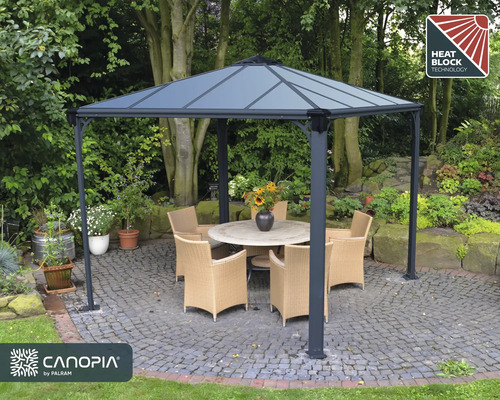 Altán s stolem a židlemi v zahradě