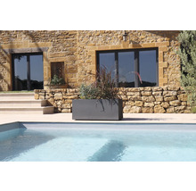 Šedý květináč s rostlinami vedle bazénu před domem