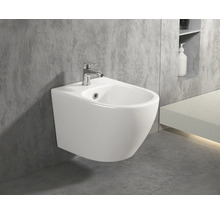 Závěsný bidet s vodovodní baterií v koupelně.