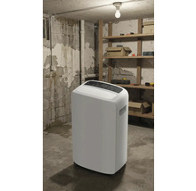 Bílý odvlhčovač vzduchu ve sklepě s regály a nářadím.