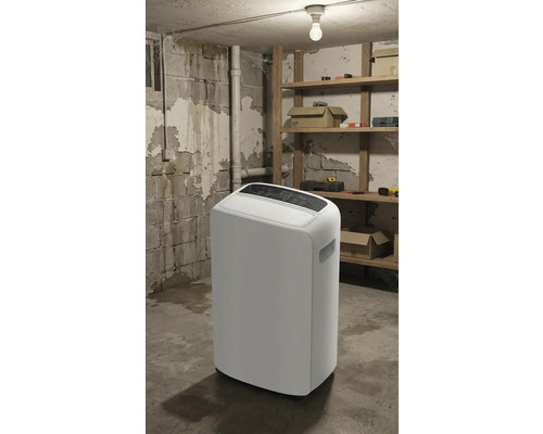 Bílý odvlhčovač vzduchu ve sklepě s regály a nářadím.