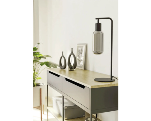 Dekorativní příborník se stolní lampou, vázami a pokojovou rostlinou pro stylový interiér