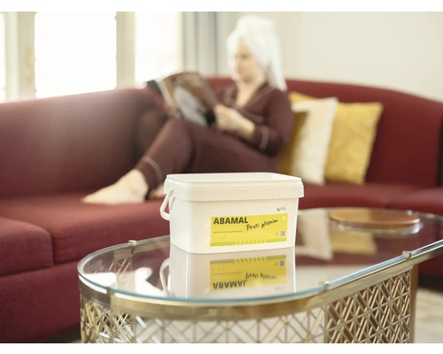 Kbelík Abamal Proti plísním na stole, žena čte v pozadí