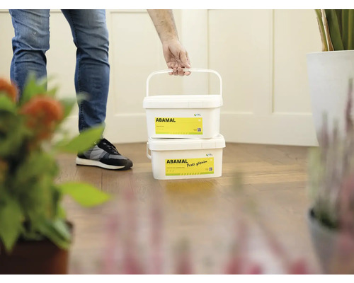 Dva kbelíky barvy proti plísním Abamal nese osoba.