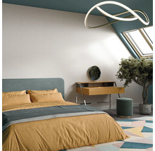 Světlá ložnice s postelí, komodou, zrcadlem, stoličkou, pokojovou rostlinou a ozdobným stropním svítidlem.