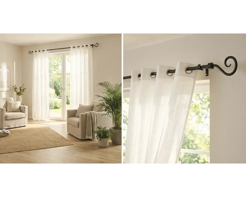 Obývací pokoj s bílými závěsy a záclonovou tyčí