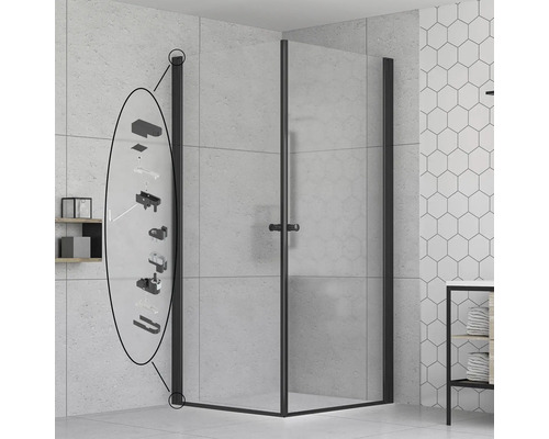 Rohová sprcha s montážními prvky v koupelně