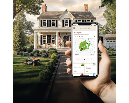 Scéna s robotickou sekačkou Landroid a aplikací pro chytré telefony pro ovládání zařízení před domem.