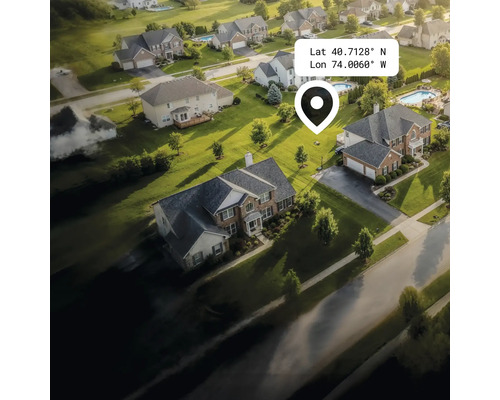 Letecký pohled na obytnou oblast s domy, zahradami a ulicemi