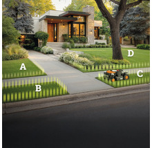 Robotická sekačka na trávníku před moderním domem